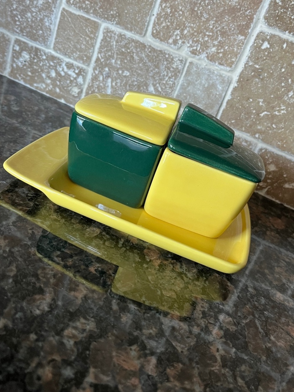 Vintage 50s Tiempo Franciscan Green and Yellow Deco Ceramic Set